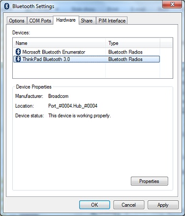 Bluetooth Settings - Hardware Tab - ThinkPad Driver Status