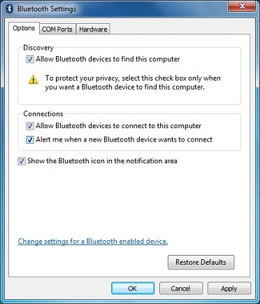Bluetooth Settings - Allow Bluetooth devices to find this computer