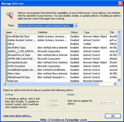 Internet Explorer (IE) Manage Add-ons
