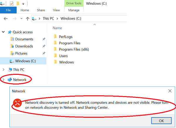 Network discovery is turned off - Error on Windows 10