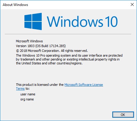Windows 10 Pro Version and Build Number Screen