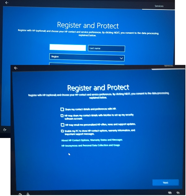 Windows 10 Setup - Registration with HP