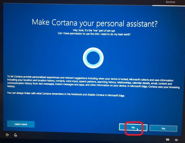 Windows 10 Setup - Setup Cortana