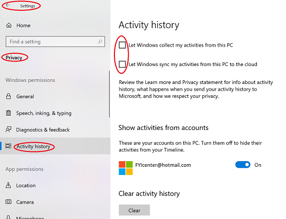 Windows 10 - Turn Off Activity History