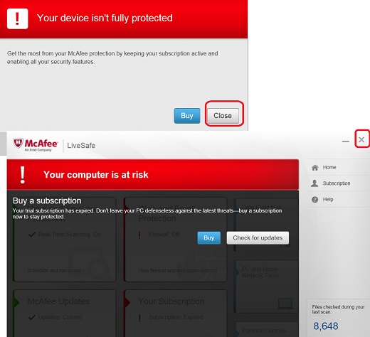 McAfee LiveSafe - Your device isn't fully protected