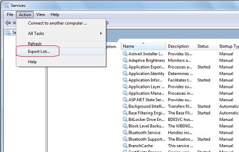 Windows 7 Services Console - Export Service List