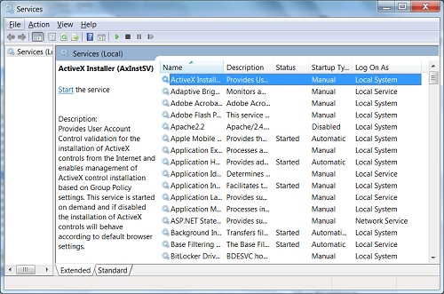Windows 7 Services Console Screen