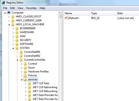 Windows 7 regedit - Registry Editor on Services
