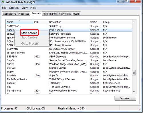 Windows-7 Task Manager - Start/Stop Services