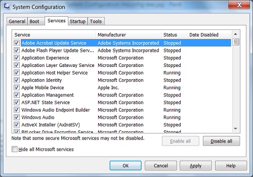 Windows-7 System Configuration msconfig.exe - Services Tab
