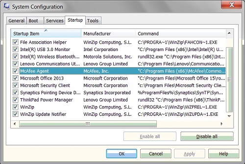 Windows 7 msconfig.exe - Startup Program List