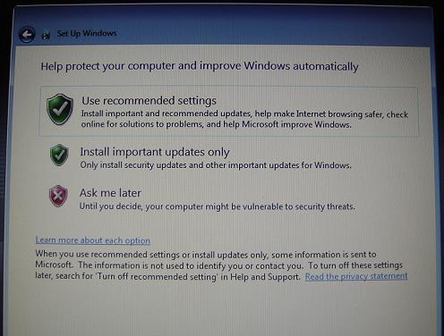 Windows 7 Setup -  Auto Update Option