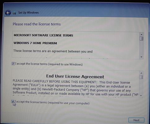 Windows 7 Sutup - License Term and Agreement