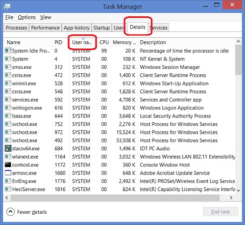 Windows 8 Task Manager - Processes Tab