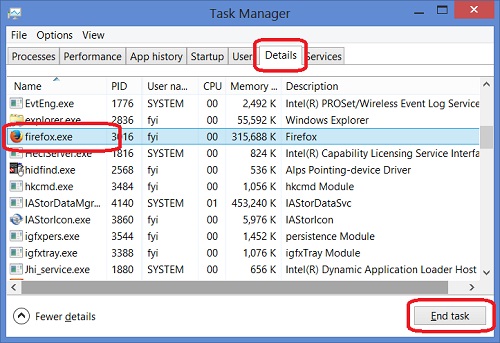 Windows 8 Task Manager - Terminate Process