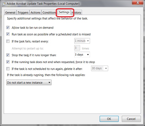 Windows 8 - Settings of Scheduled Task