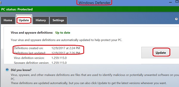 Update Virus Definitions in Windows Defender