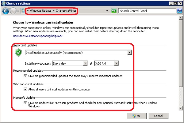 Windows Server 2008 Update - Change Settings
