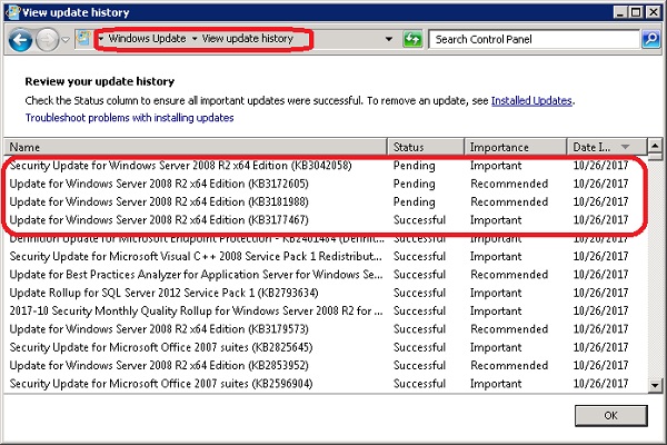 Windows Server 2008 Update - View Update History
