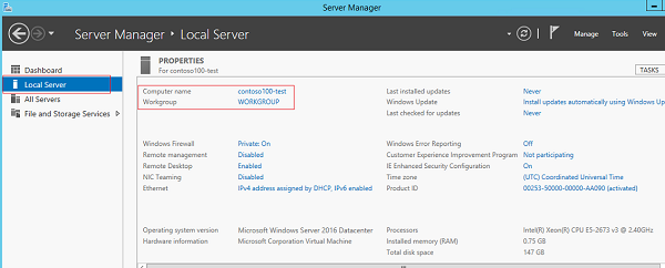 Windows Server 2016 - System Properties on Server Manager