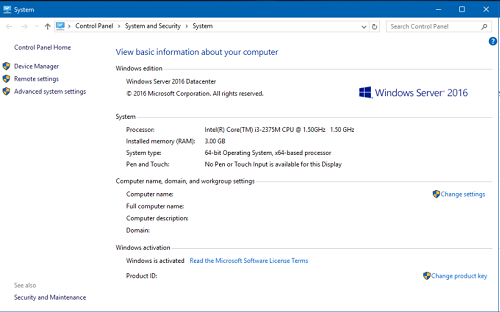 Windows Server 2016 System Properties Screen