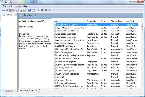 Windows Vista Services Management Console