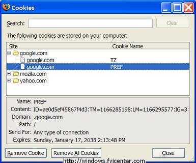 Mozilla FireFox Viewing Cookies